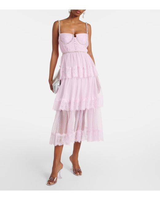 Self-Portrait Embellished Lace-Trimmed Mesh Midi Dress in Pink | Lyst