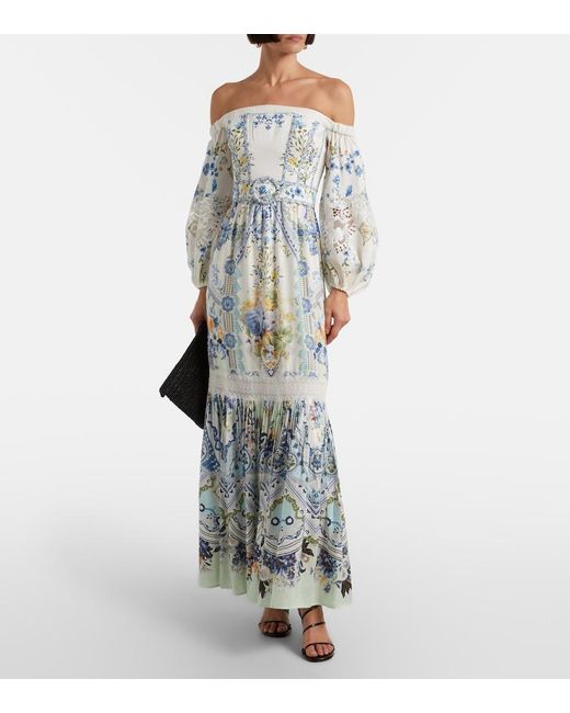 Camilla Blue Floral Off-Shoulder Linen And Silk Maxi Dress