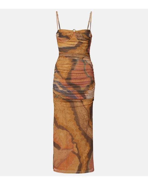 Sir Brown Draped Printed Mesh Midi Dress