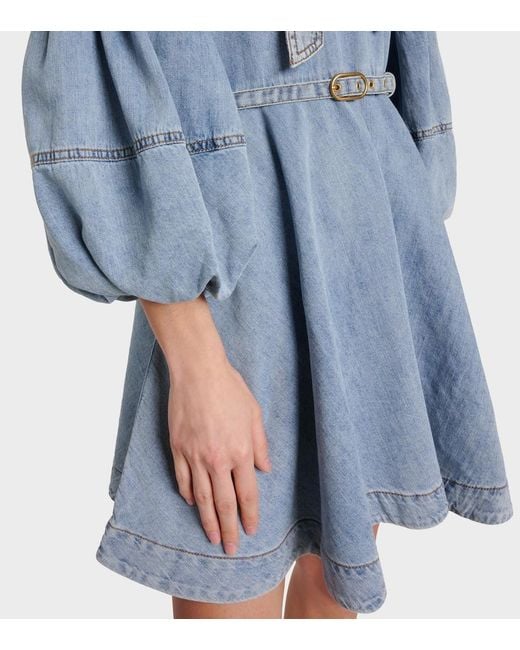 Zimmermann Blue Tie-Neck Puff-Sleeve Denim Minidress
