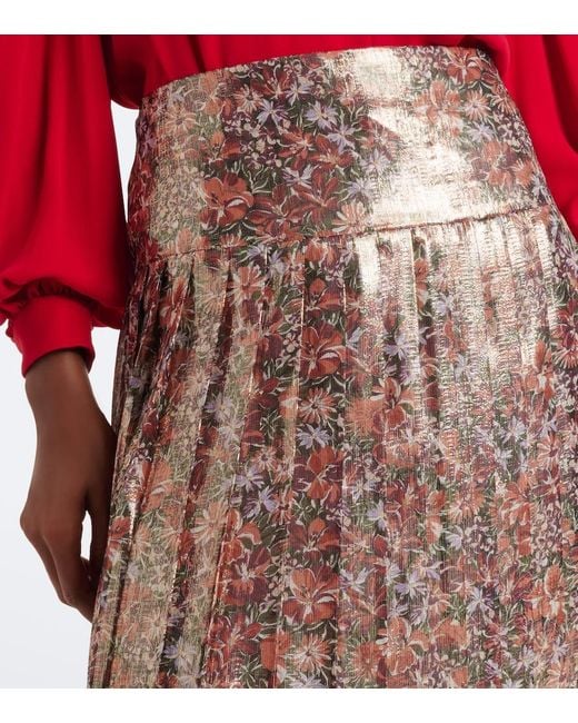 Valentino Brown Floral Pleated Silk-Blend Lame Midi Skirt