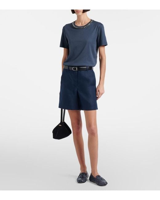 Max Mara Blue Bingo Embellished Cotton-Blend T-Shirt