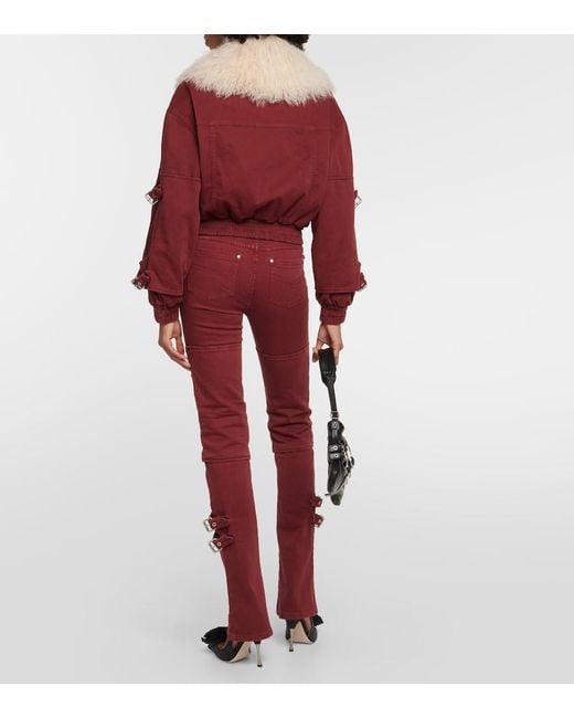 Blumarine Red Cropped Shearling-Trimmed Denim Jacket