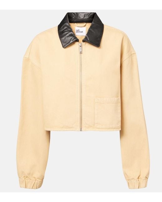 Self-Portrait Natural Leather-Trimmed Denim Jacket