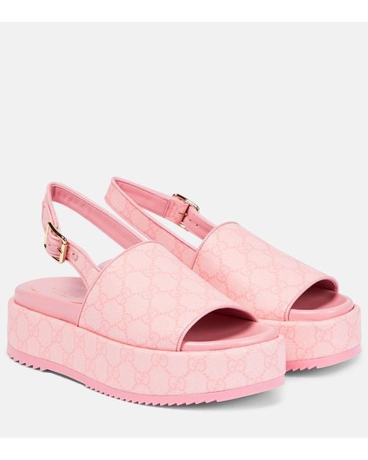 Gucci Pink Angelina Slingback-sandalen Aus Beschichtetem Canvas Mit Plateau