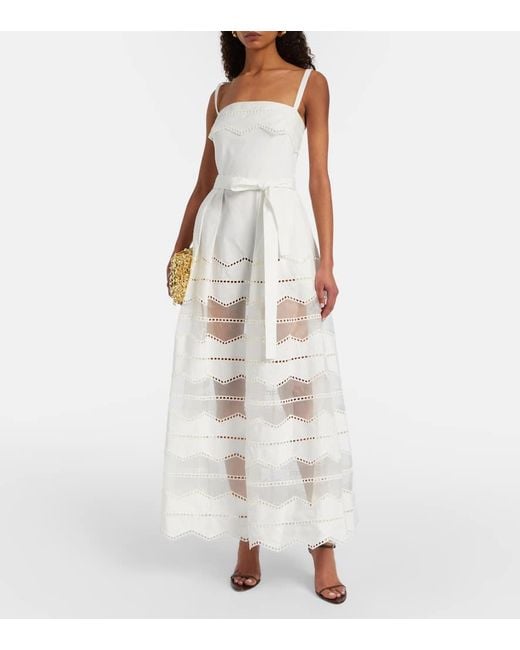 Elie Saab White Belted Organza-Trimmed Cotton Maxi Dress
