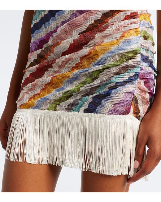 Missoni White Chevron Fringed One-Shoulder Beach Dress