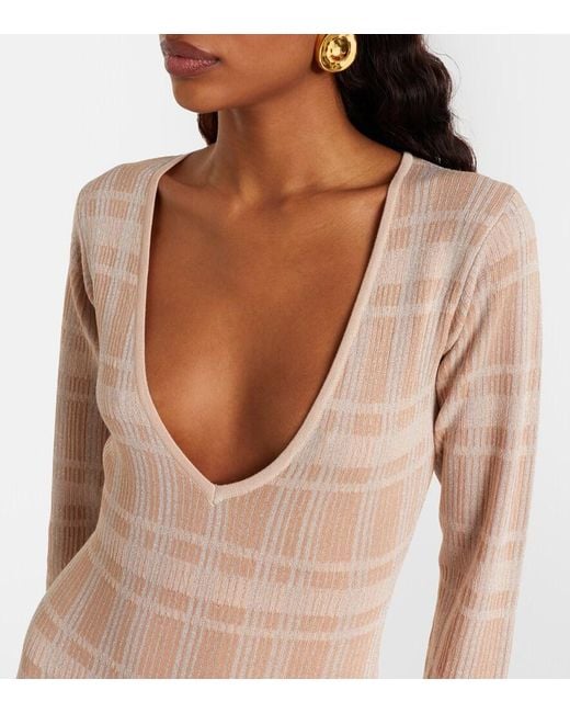 Bananhot Natural Ether Checked Ribbed-Knit Ruffled Maxi Dress