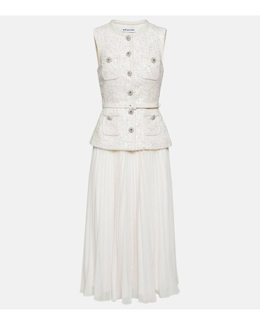 Self-Portrait White Sequin-embellished Pleated-hem Woven Midi Dress