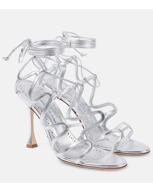Manolo Blahnik White Fawda 105 Metallic Leather Sandals