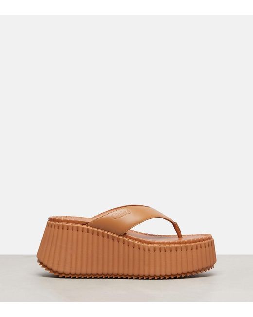 Chloé Brown Nama 80 Leather Platform Thong Sandals