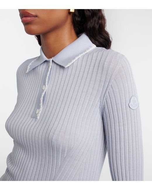 Moncler Blue Ribbed-Knit Virgin Wool Polo Sweater