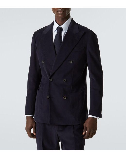Thom Sweeney Blue Double-Breasted Brushed Cotton Suit for men