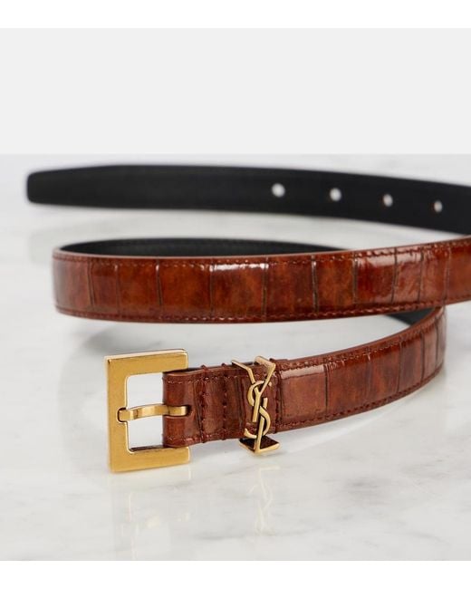 Saint Laurent Brown Cassandre Croc-Effect Leather Belt