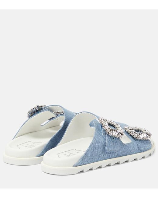 Roger Vivier Blue Slidy Viv' Embellished Denim Sandals