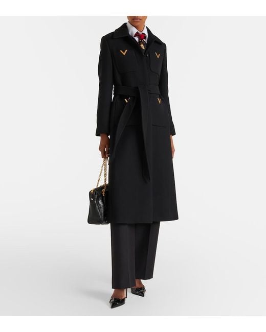 Valentino Black Vgold Belted Wool And Silk Coat