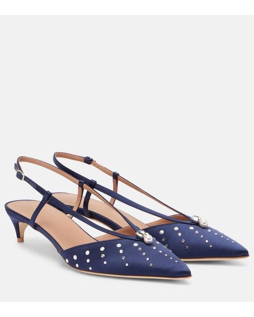 Malone Souliers Blue Moore 40 Embellished Satin Slingback Pumps