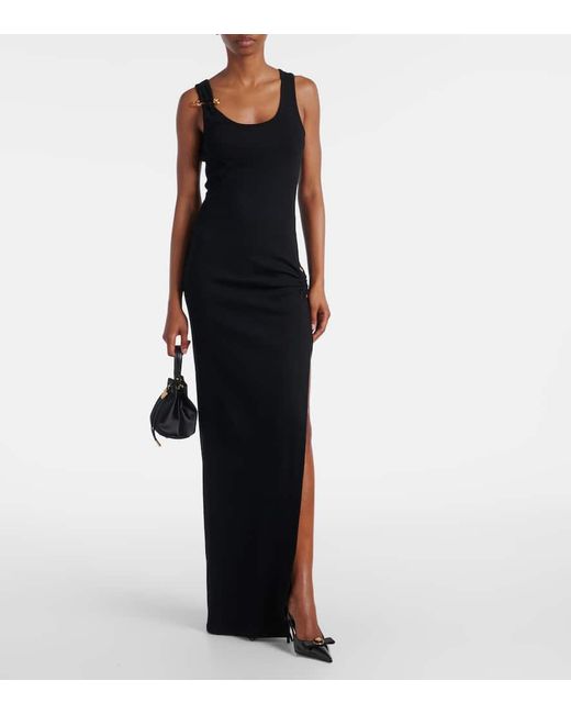 Versace Black Safety Pin Draped Cotton-Blend Maxi Dress