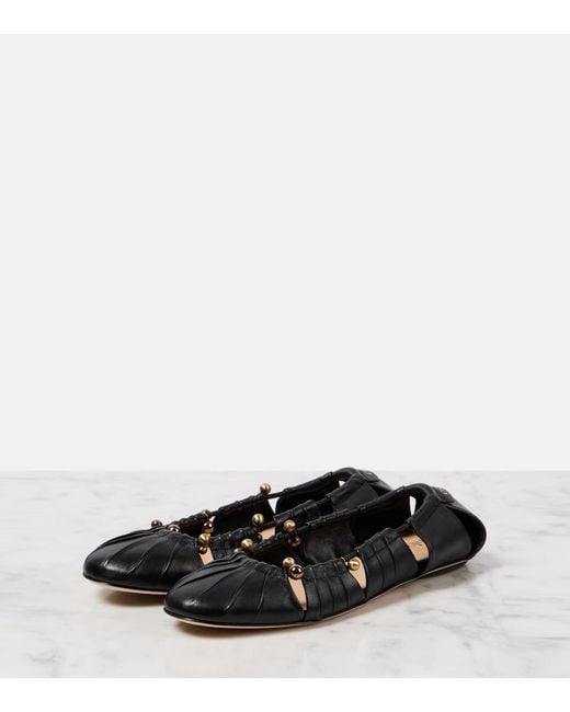 Chloé Black Luna Cut-Out Embellished Gathered Leather Ballet Flats