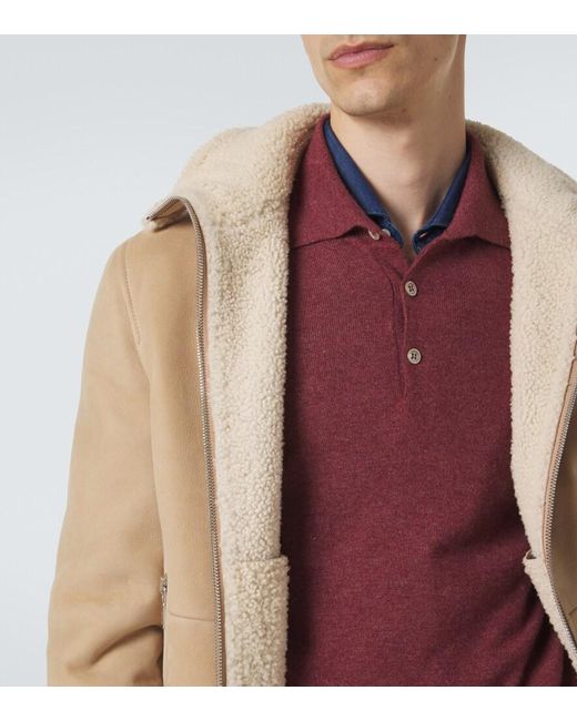Brunello Cucinelli Natural Shearling-Lined Suede Bomber Jacket for men