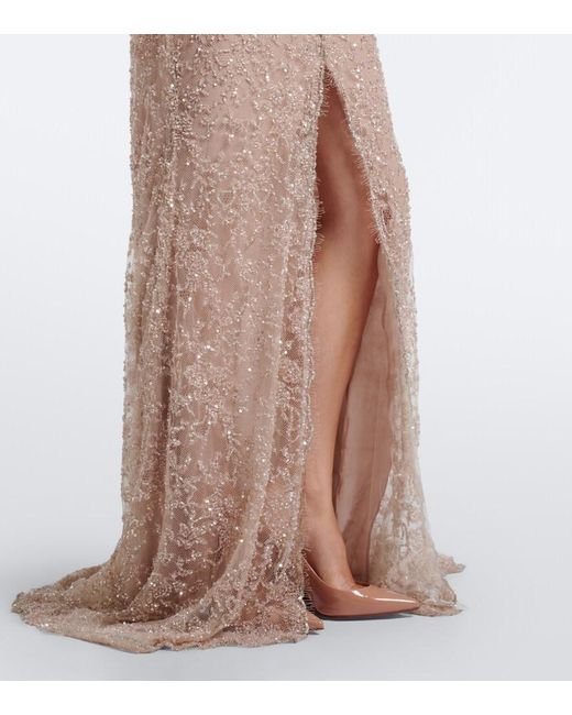 Marmar Halim Natural Sequined Lace Off-Shoulder Gown