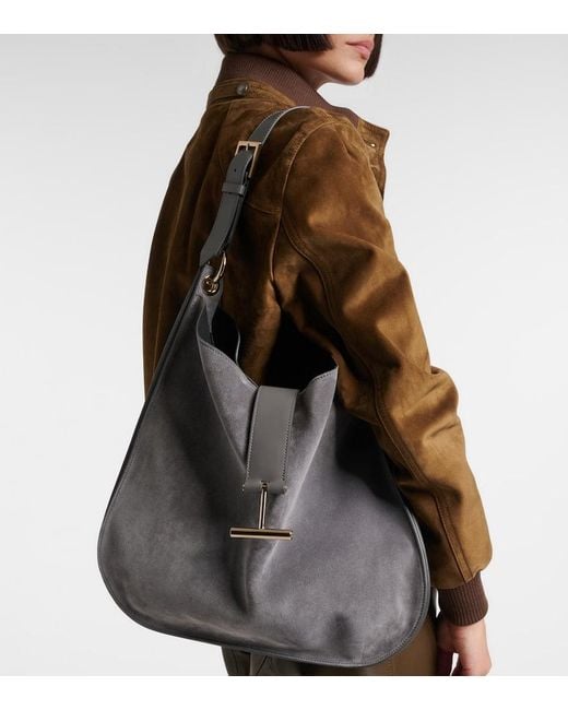 Tom Ford Gray Tara Large Suede Crossbody Bag