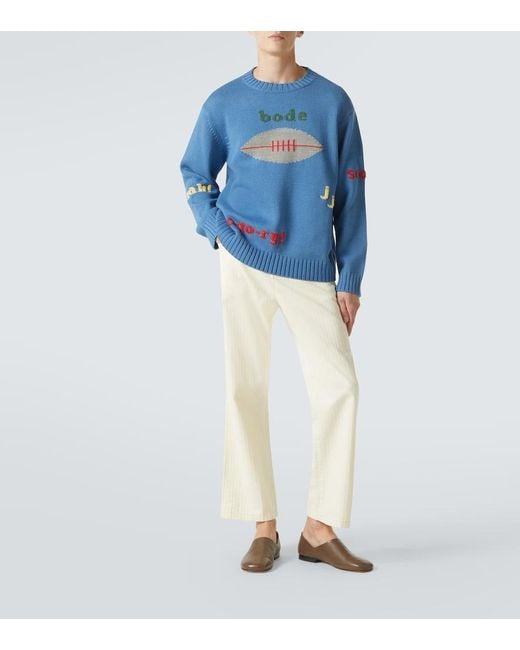 Bode Blue Spirit Embroidered Cotton And Wool Sweater for men