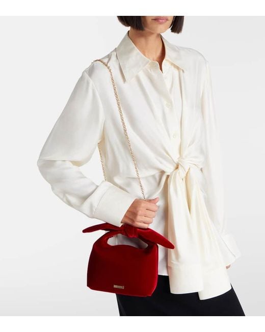 Aquazzura Red Bow Tie Small Velvet Tote Bag