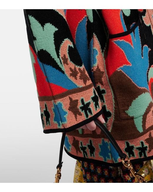 Etro Red Jacquard Wool-Blend Wrap Cardigan