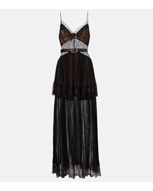 Self-Portrait Sheer Tiered Lace-Trimmed Maxi Dress in Black | Lyst