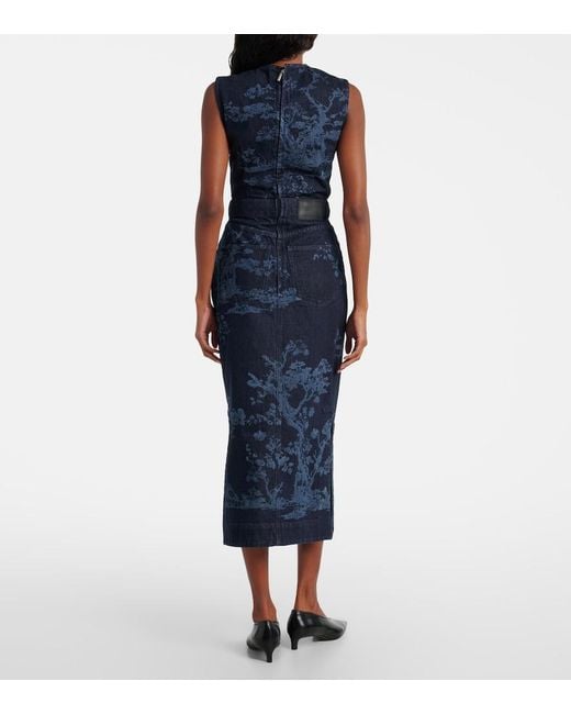 Erdem Blue Printed Cotton Denim Pencil Dress