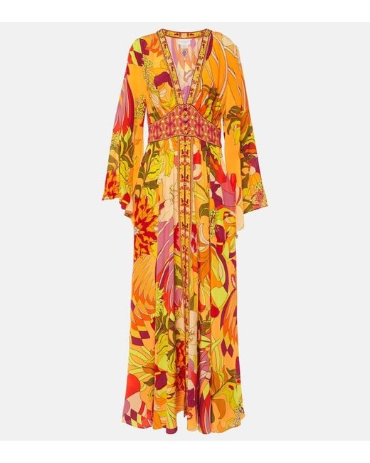 Camilla Orange Embellished Floral Silk Maxi Dress