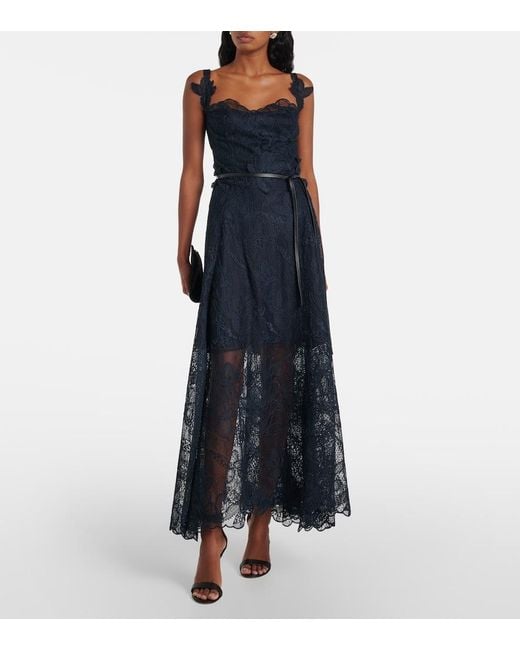 Oscar de la Renta Blue Floral Lace Midi Dress