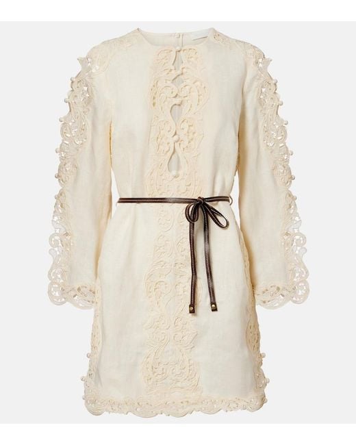 Zimmermann Natural Awaken Belted Embroidered Linen Minidress