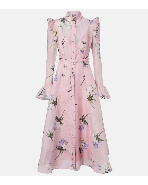 LEO LIN Pink Katrina Floral Linen And Silk Midi Dress