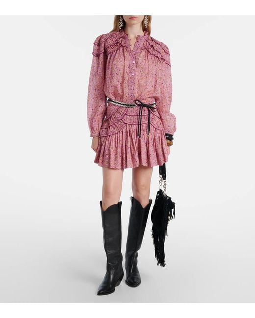 Isabel Marant Pink Christa Printed Ruffled Cotton Blouse