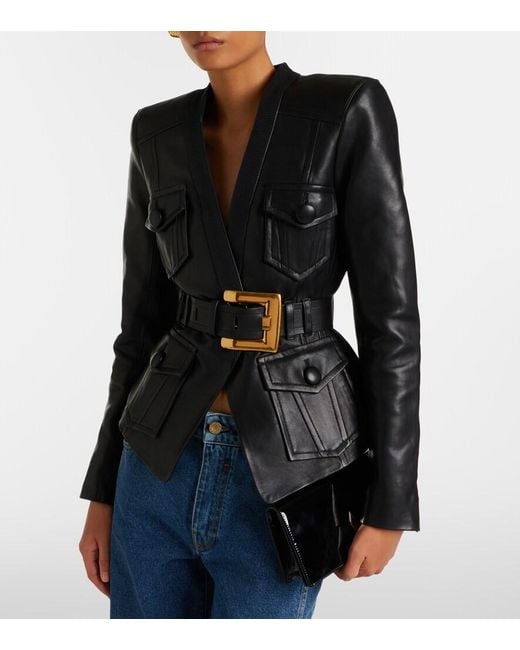 Balmain Black Belted Leather Jacket