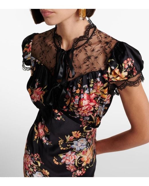 Rodarte Black Floral Lace-Trimmed Silk Midi Dress