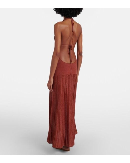 Faithfull The Brand Red Plisse Halterneck Cotton-Blend Maxi Dress