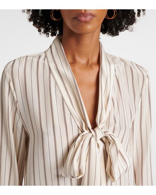 Nili Lotan Natural Angelique Tie-Neck Striped Silk Blouse