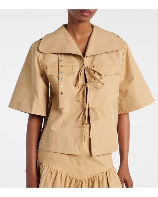 Ganni Natural Bow-Detail Cotton And Linen Top