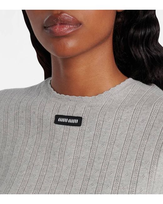 Miu Miu Gray Ribbed-Knit Cotton Top