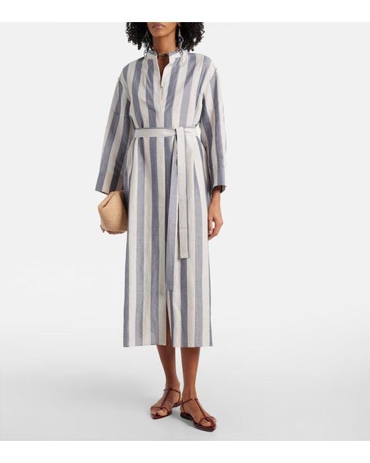 Max Mara Gray Max Mara Rima Striped Ramie And Cotton Midi Dress