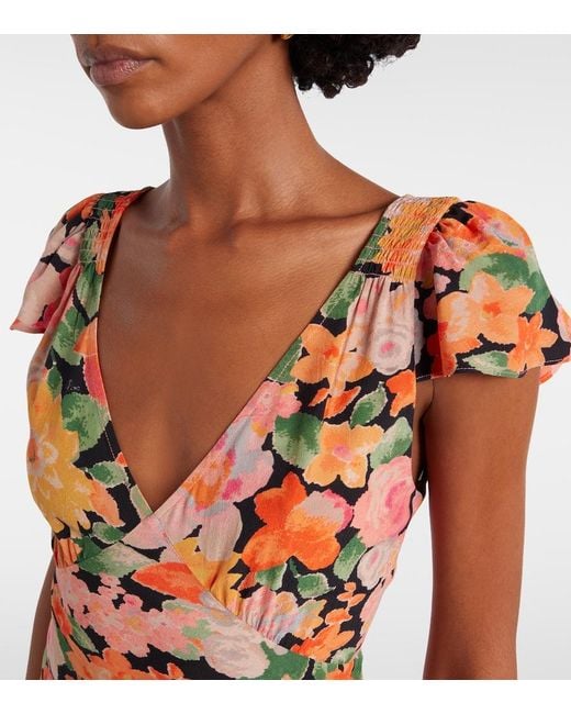 Rixo Metallic Cathy Floral Crepe Midi Dress