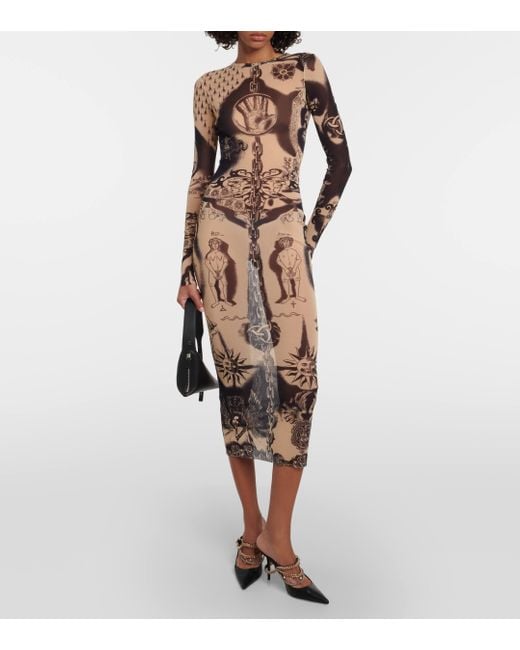 Jean Paul Gaultier Natural Tattoo Print Long Sleeve Midi Dress