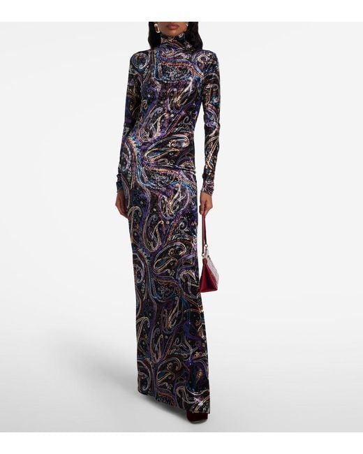 Etro Blue Sequined Turtleneck Gown
