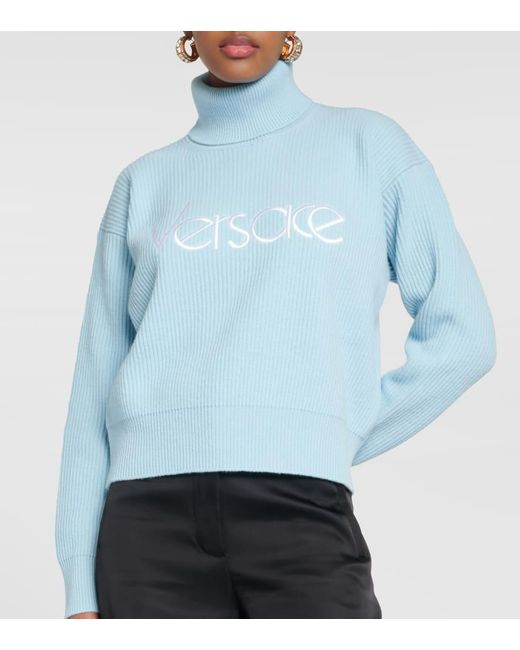 Versace Blue Logo Turtleneck Sweater