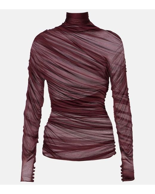 Saint Laurent Red Ruched Sheer Jersey Voile Top
