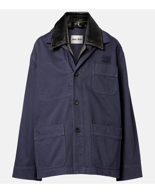 Miu Miu Blue Leather-Trimmed Oversized Cotton Gabardine Jacket