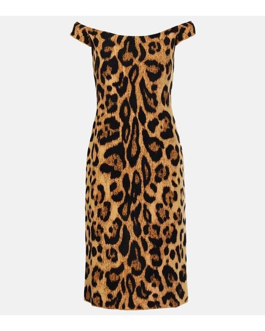 Oscar de la Renta Metallic Leopard-Print Off-Shoulder Midi Dress